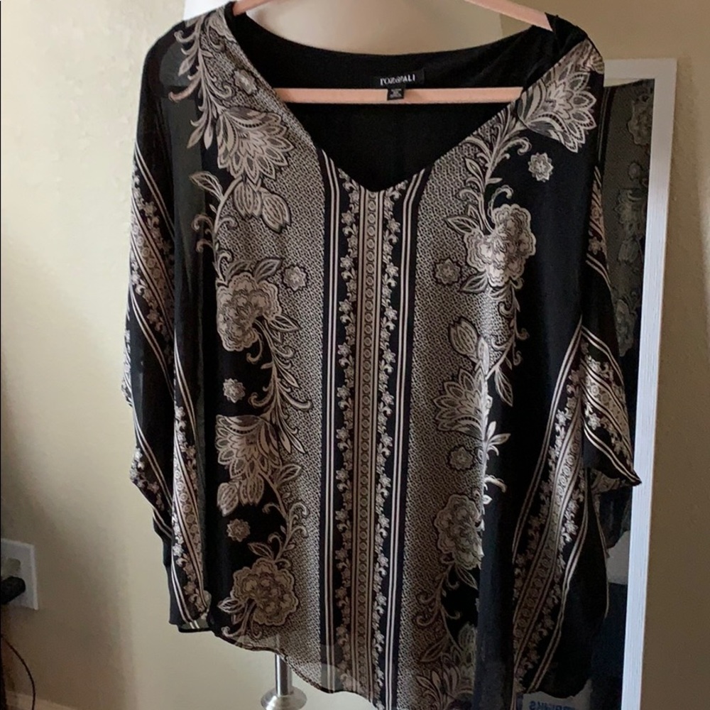 Black and creme print blouse.